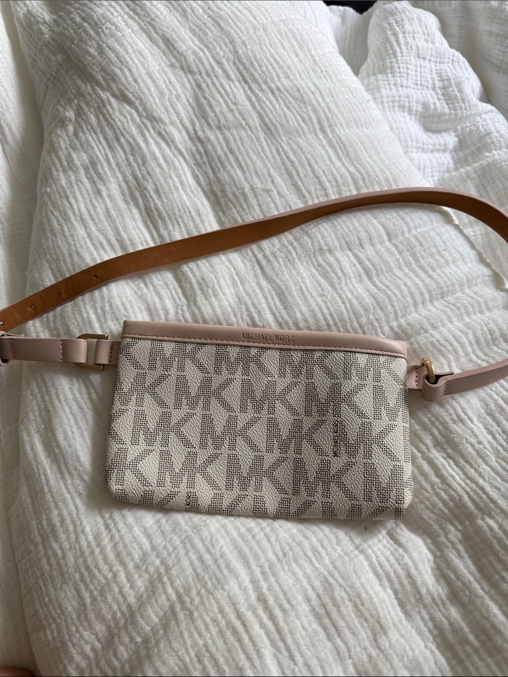 Michael Kors Beige Monogram Belt Bag with Pink Trim and Strap